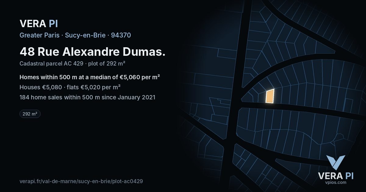 48 Rue Alexandre Dumas, Sucy-en-Brie at night – the plot lit, the parcels around coloured by the prices near them