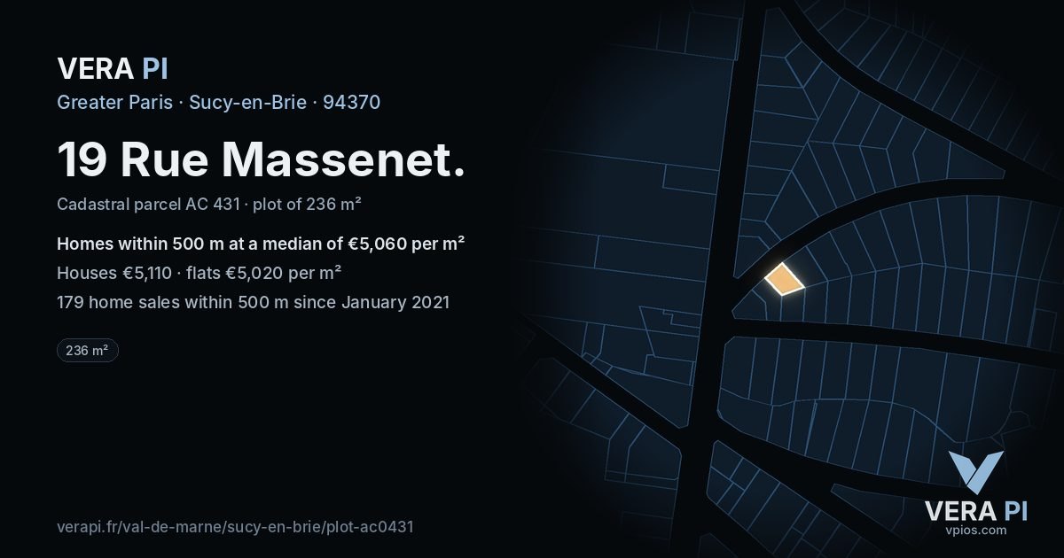 19 Rue Massenet, Sucy-en-Brie at night – the plot lit, the parcels around coloured by the prices near them