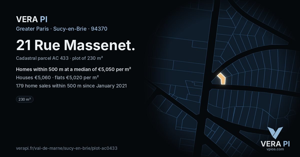 21 Rue Massenet, Sucy-en-Brie at night – the plot lit, the parcels around coloured by the prices near them