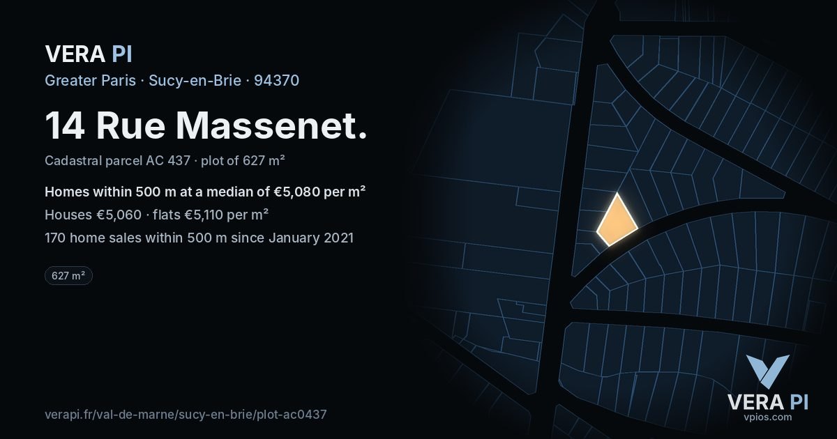 14 Rue Massenet, Sucy-en-Brie at night – the plot lit, the parcels around coloured by the prices near them
