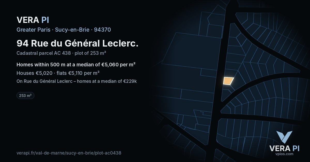 94 Rue du Général Leclerc, Sucy-en-Brie at night – the plot lit, the parcels around coloured by the prices near them