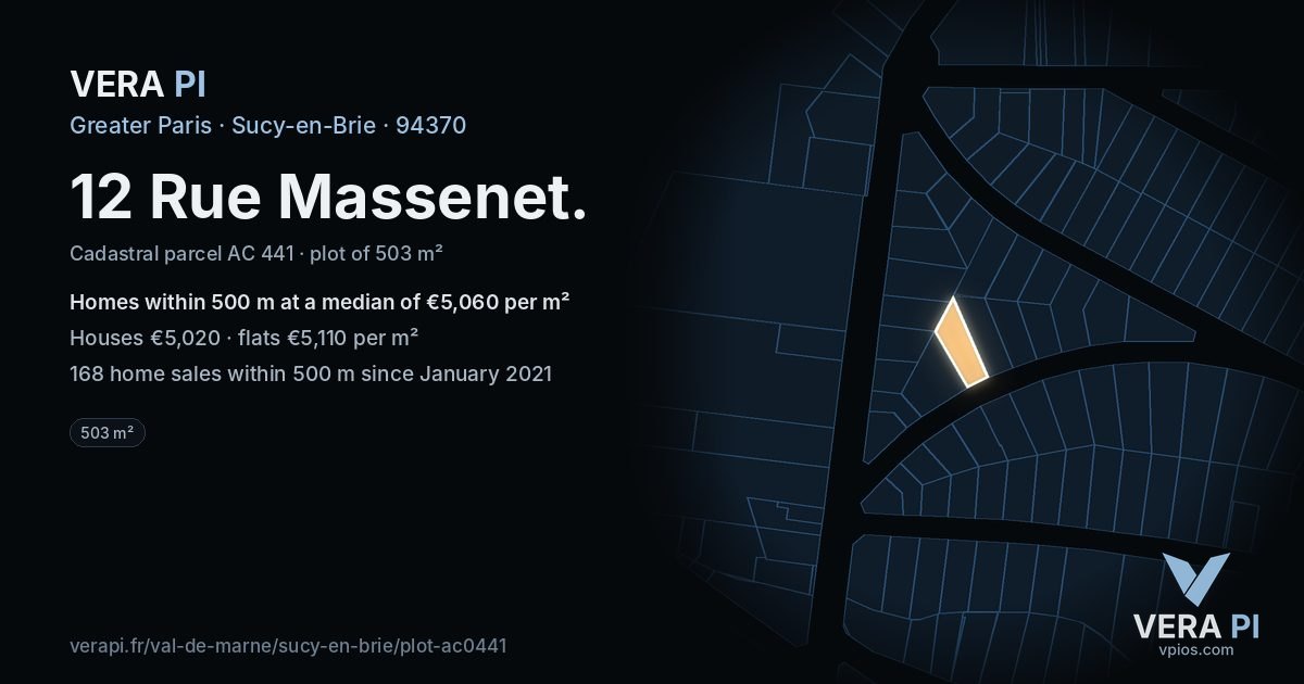 12 Rue Massenet, Sucy-en-Brie at night – the plot lit, the parcels around coloured by the prices near them