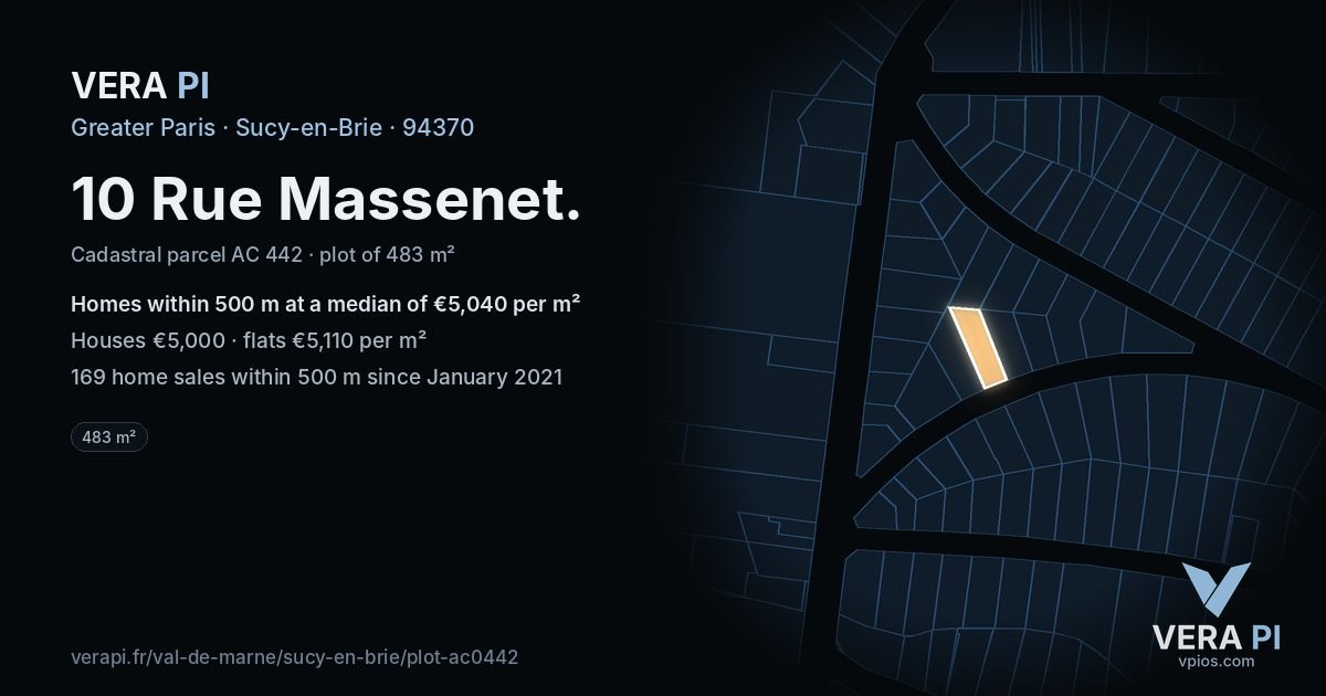 10 Rue Massenet, Sucy-en-Brie at night – the plot lit, the parcels around coloured by the prices near them