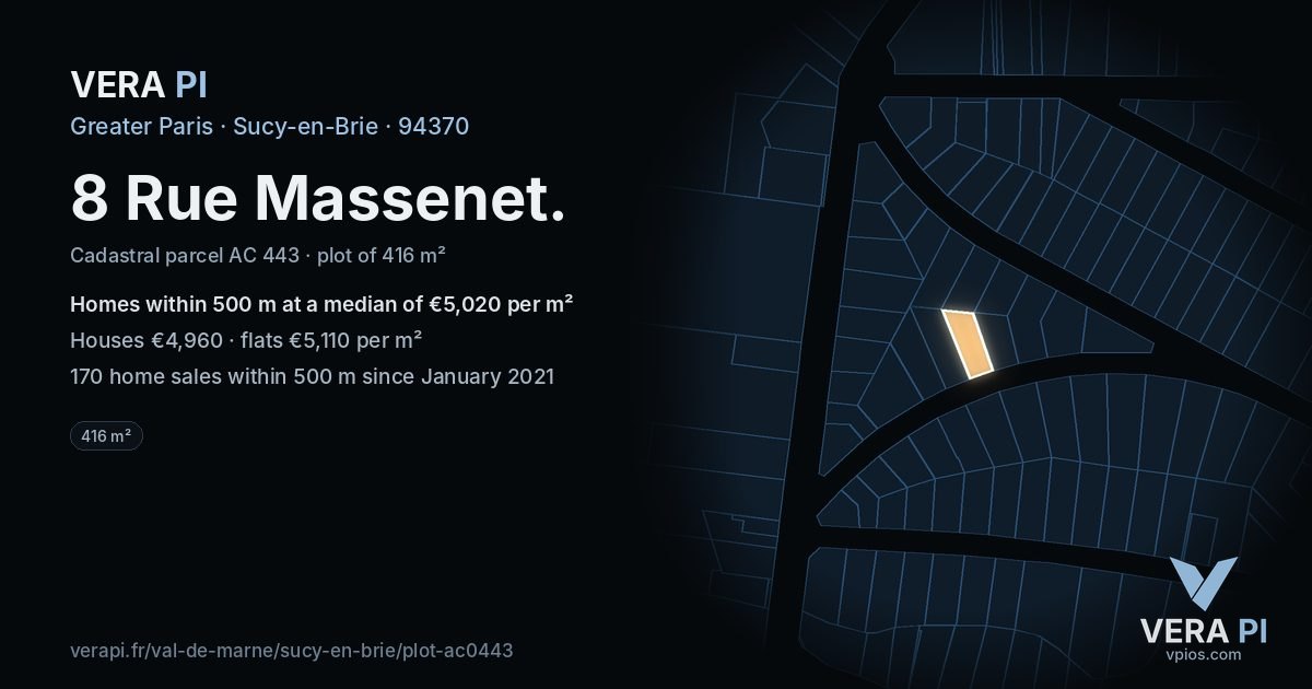 8 Rue Massenet, Sucy-en-Brie at night – the plot lit, the parcels around coloured by the prices near them