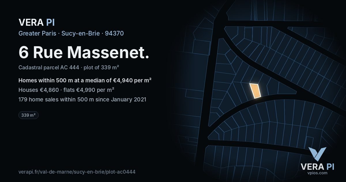6 Rue Massenet, Sucy-en-Brie at night – the plot lit, the parcels around coloured by the prices near them