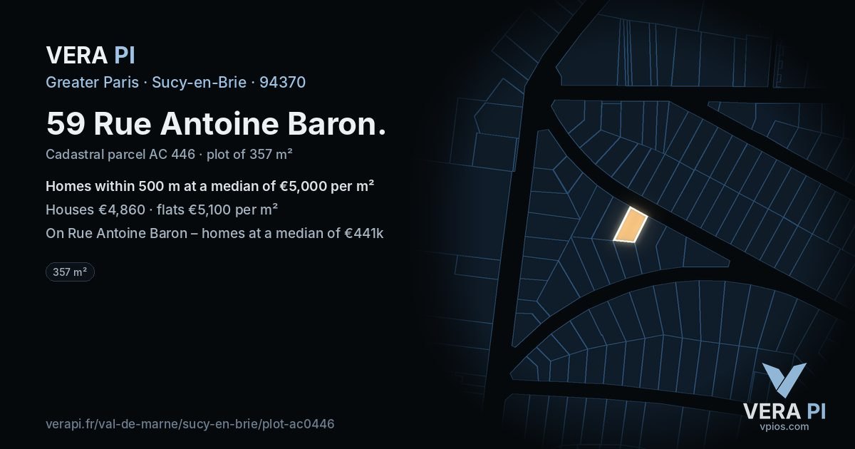 59 Rue Antoine Baron, Sucy-en-Brie at night – the plot lit, the parcels around coloured by the prices near them