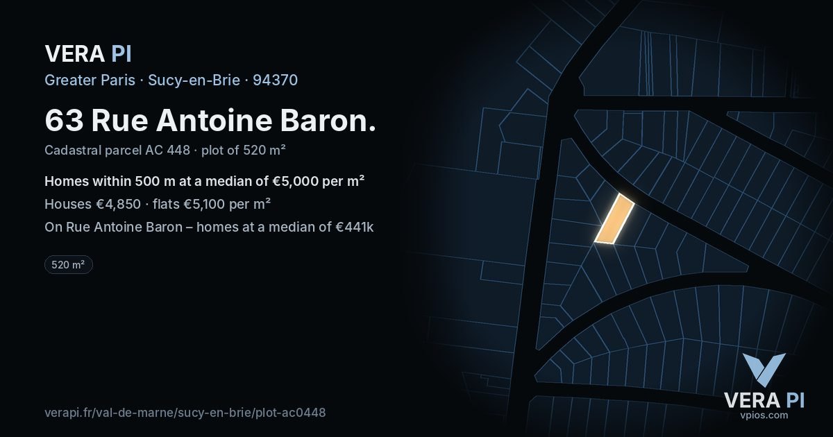 63 Rue Antoine Baron, Sucy-en-Brie at night – the plot lit, the parcels around coloured by the prices near them