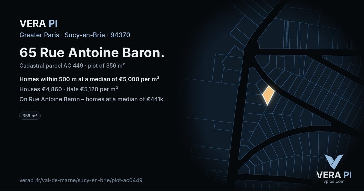 65 Rue Antoine Baron, Sucy-en-Brie at night – the plot lit, the parcels around coloured by the prices near them