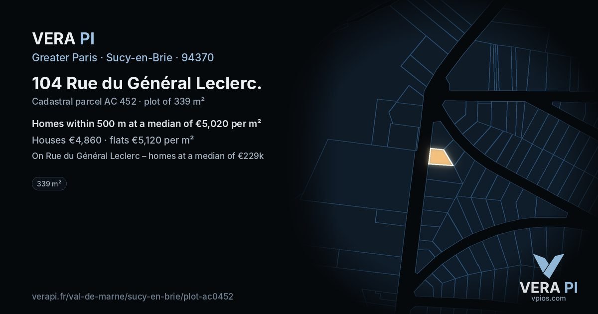 104 Rue du Général Leclerc, Sucy-en-Brie at night – the plot lit, the parcels around coloured by the prices near them