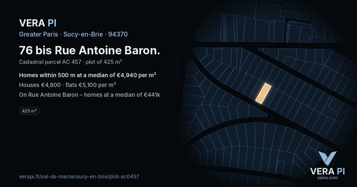 76 bis Rue Antoine Baron, Sucy-en-Brie at night – the plot lit, the parcels around coloured by the prices near them