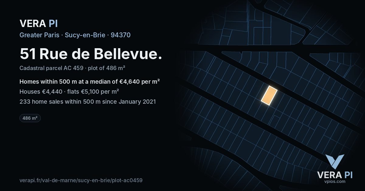 51 Rue de Bellevue, Sucy-en-Brie at night – the plot lit, the parcels around coloured by the prices near them