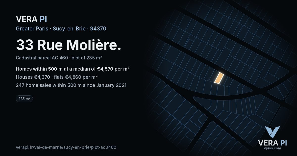 33 Rue Molière, Sucy-en-Brie at night – the plot lit, the parcels around coloured by the prices near them