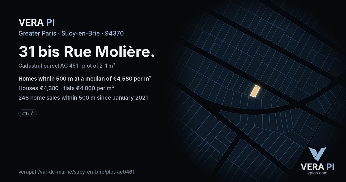 31 bis Rue Molière, Sucy-en-Brie at night – the plot lit, the parcels around coloured by the prices near them