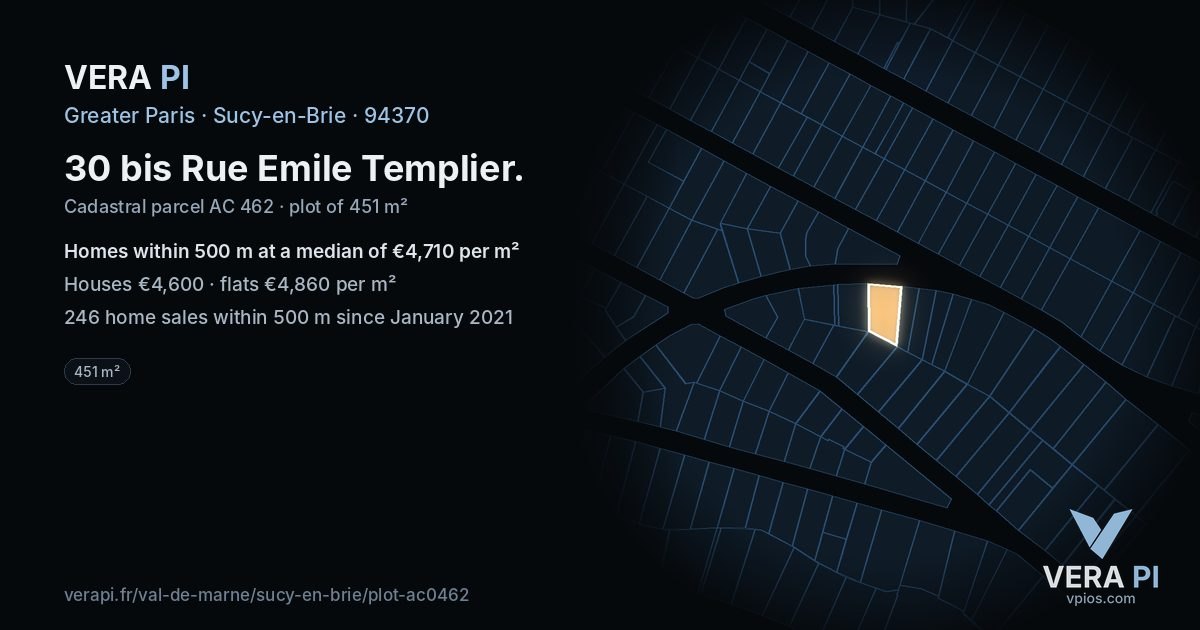 30 bis Rue Emile Templier, Sucy-en-Brie at night – the plot lit, the parcels around coloured by the prices near them
