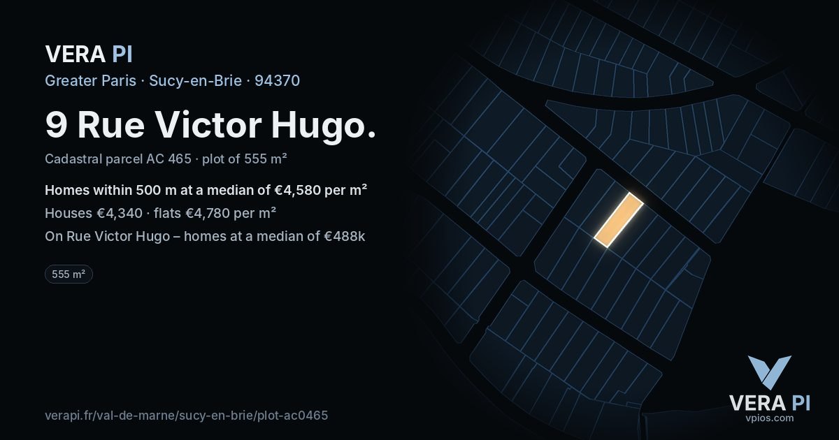 9 Rue Victor Hugo, Sucy-en-Brie at night – the plot lit, the parcels around coloured by the prices near them