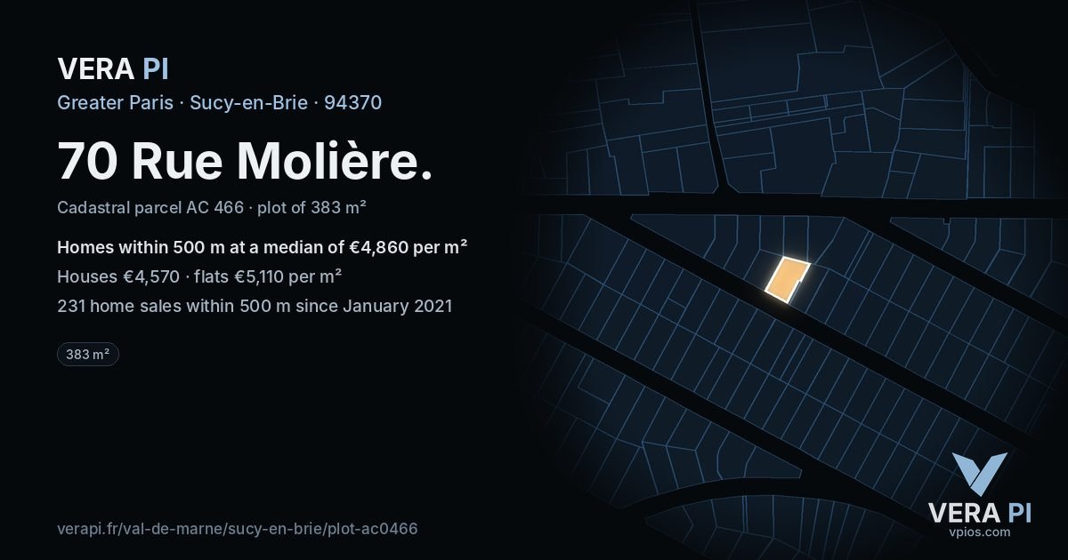 70 Rue Molière, Sucy-en-Brie at night – the plot lit, the parcels around coloured by the prices near them