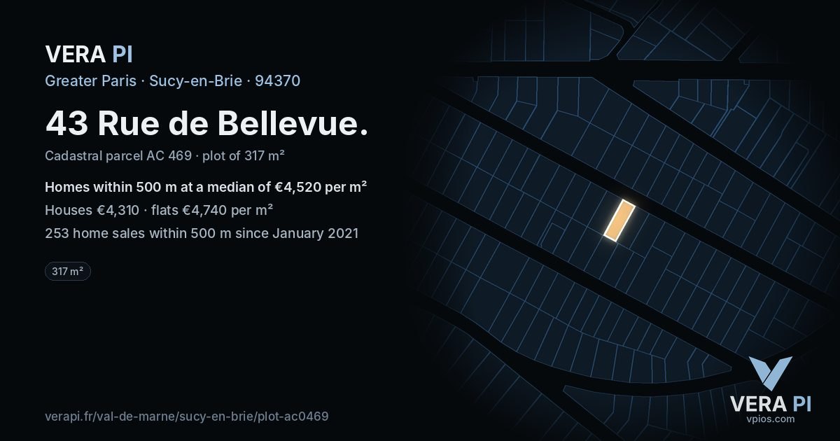 43 Rue de Bellevue, Sucy-en-Brie at night – the plot lit, the parcels around coloured by the prices near them