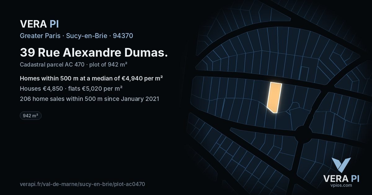 39 Rue Alexandre Dumas, Sucy-en-Brie at night – the plot lit, the parcels around coloured by the prices near them