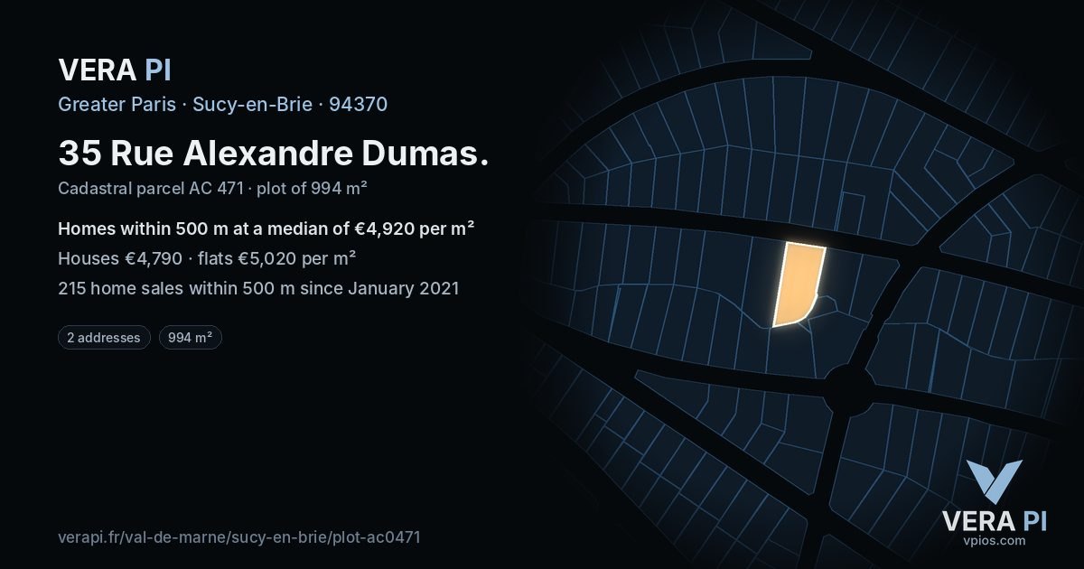 35 Rue Alexandre Dumas, Sucy-en-Brie at night – the plot lit, the parcels around coloured by the prices near them