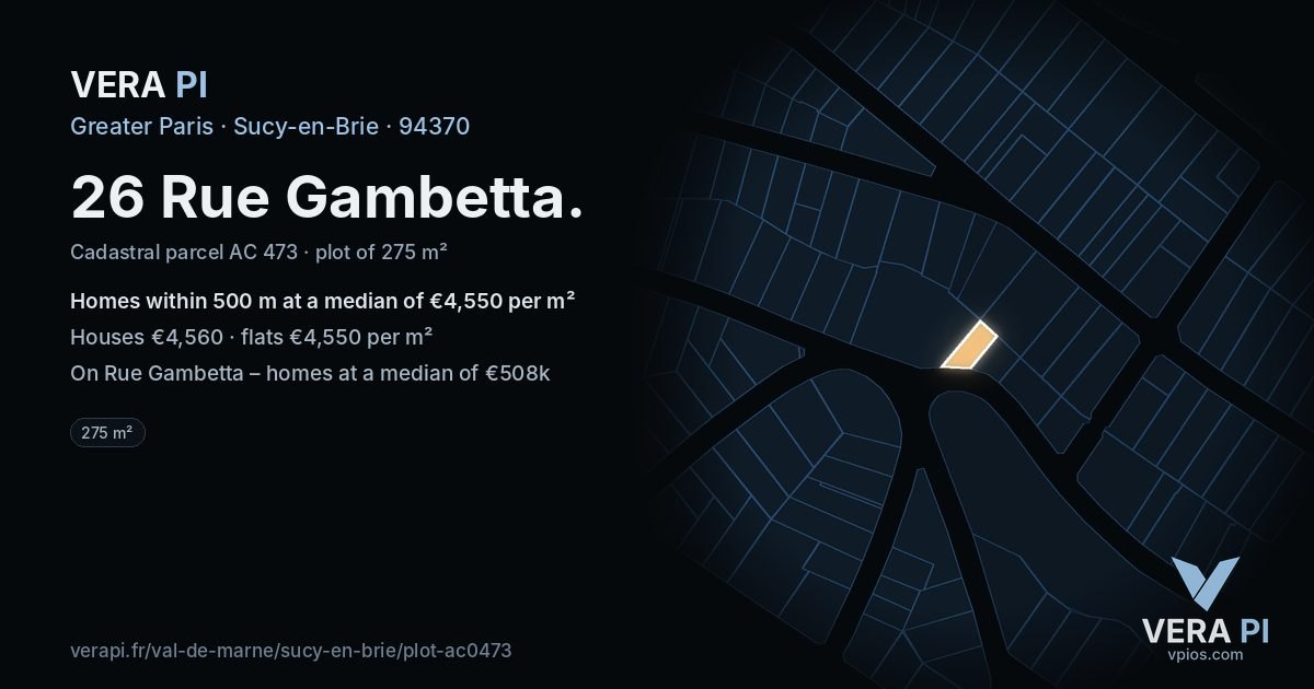 26 Rue Gambetta, Sucy-en-Brie at night – the plot lit, the parcels around coloured by the prices near them