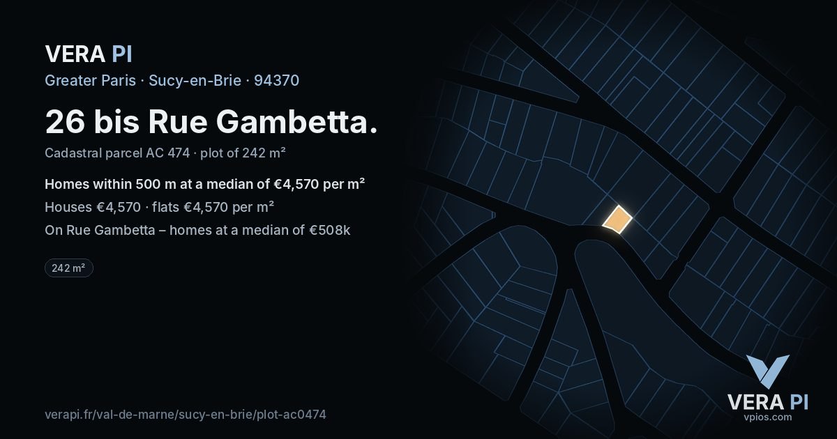 26 bis Rue Gambetta, Sucy-en-Brie at night – the plot lit, the parcels around coloured by the prices near them