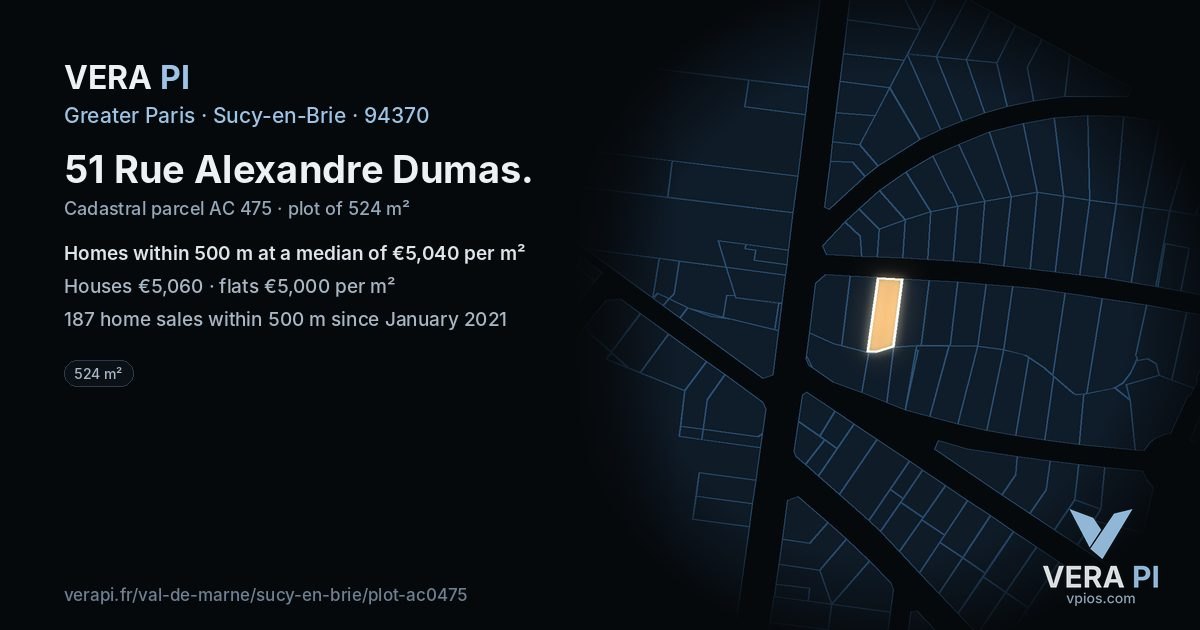 51 Rue Alexandre Dumas, Sucy-en-Brie at night – the plot lit, the parcels around coloured by the prices near them