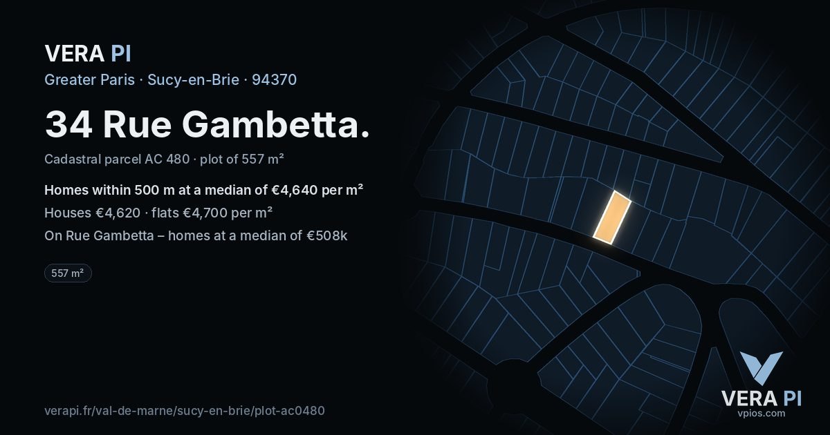 34 Rue Gambetta, Sucy-en-Brie at night – the plot lit, the parcels around coloured by the prices near them