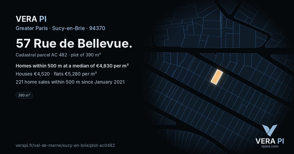 57 Rue de Bellevue, Sucy-en-Brie at night – the plot lit, the parcels around coloured by the prices near them