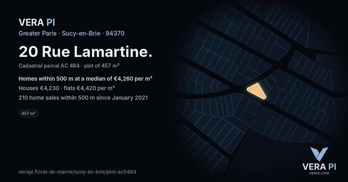 20 Rue Lamartine, Sucy-en-Brie at night – the plot lit, the parcels around coloured by the prices near them