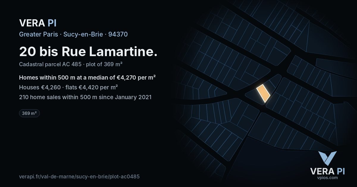 20 bis Rue Lamartine, Sucy-en-Brie at night – the plot lit, the parcels around coloured by the prices near them