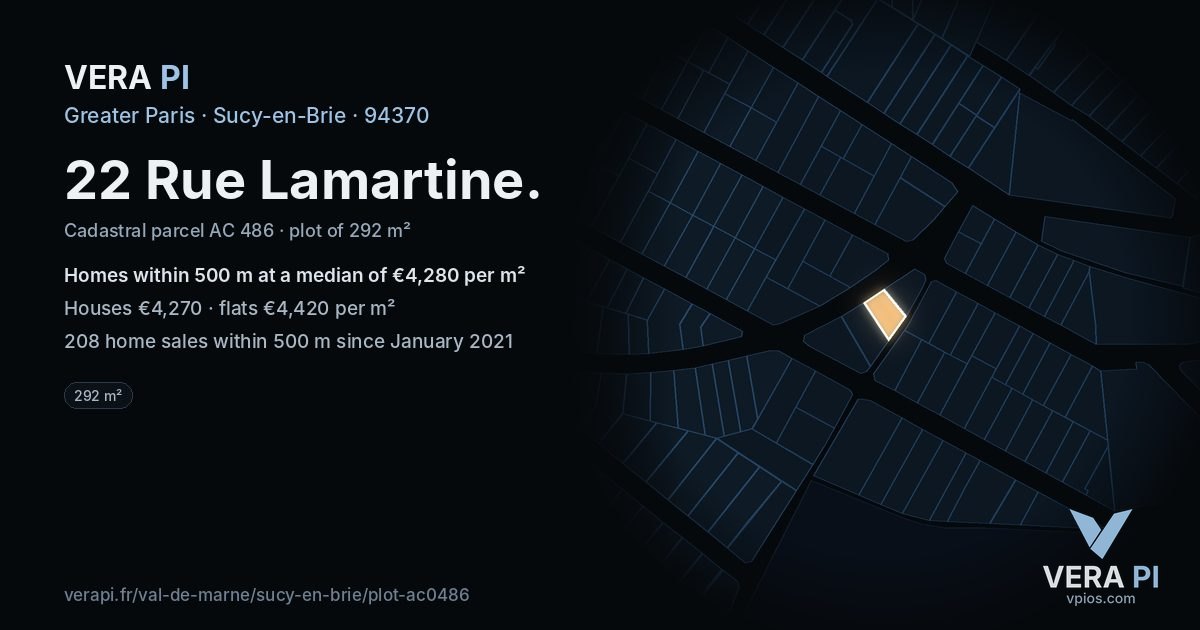 22 Rue Lamartine, Sucy-en-Brie at night – the plot lit, the parcels around coloured by the prices near them