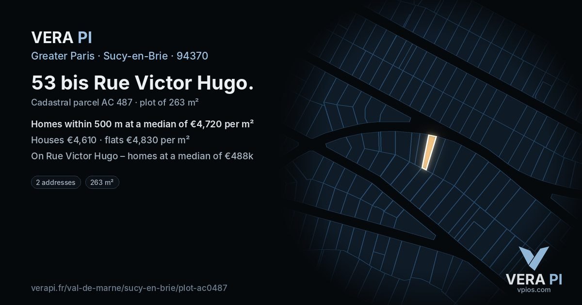 53 bis Rue Victor Hugo, Sucy-en-Brie at night – the plot lit, the parcels around coloured by the prices near them