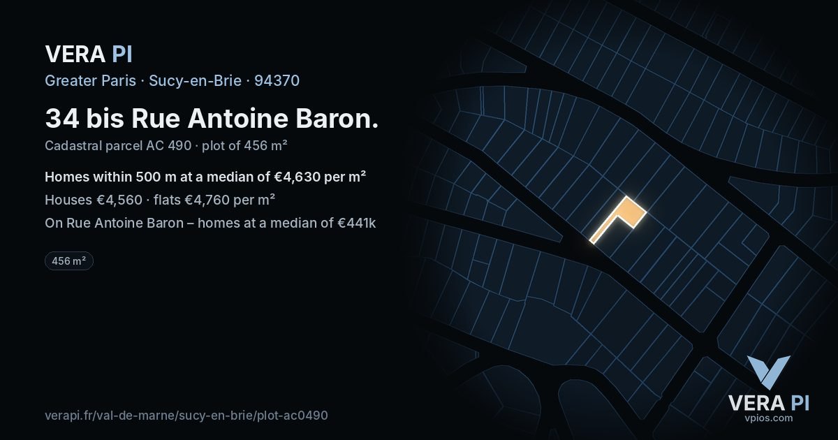 34 bis Rue Antoine Baron, Sucy-en-Brie at night – the plot lit, the parcels around coloured by the prices near them