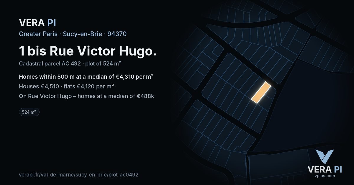 1 bis Rue Victor Hugo, Sucy-en-Brie at night – the plot lit, the parcels around coloured by the prices near them