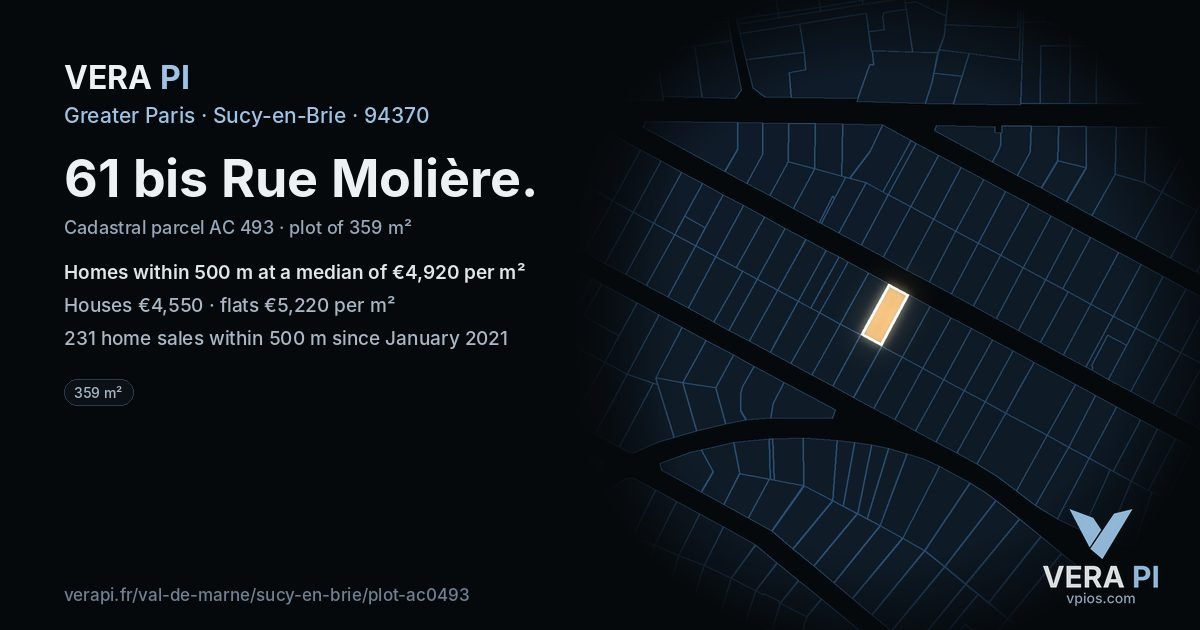 61 bis Rue Molière, Sucy-en-Brie at night – the plot lit, the parcels around coloured by the prices near them