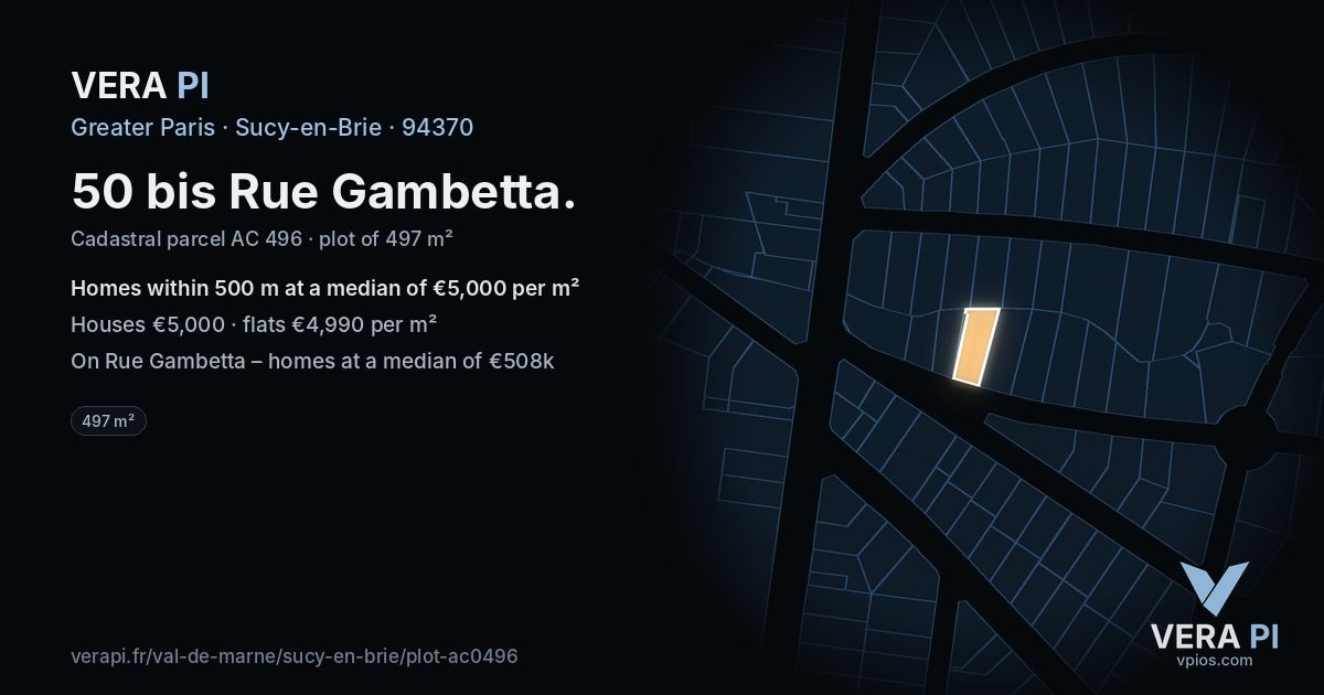 50 bis Rue Gambetta, Sucy-en-Brie at night – the plot lit, the parcels around coloured by the prices near them