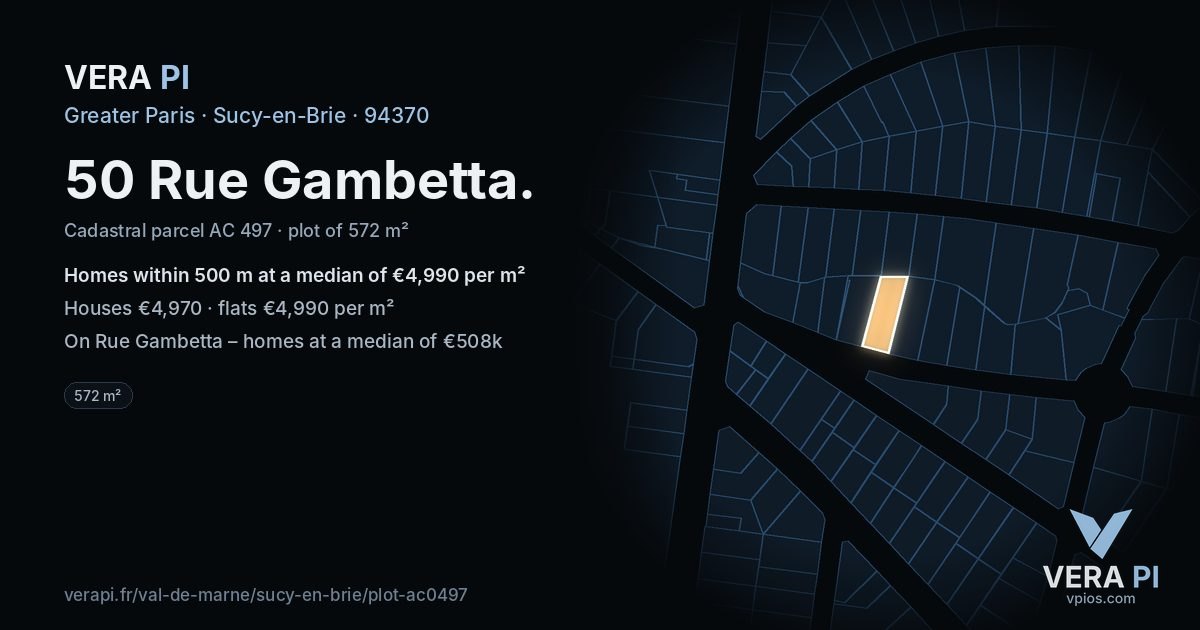 50 Rue Gambetta, Sucy-en-Brie at night – the plot lit, the parcels around coloured by the prices near them