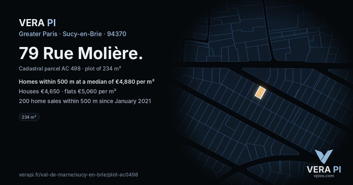 79 Rue Molière, Sucy-en-Brie at night – the plot lit, the parcels around coloured by the prices near them