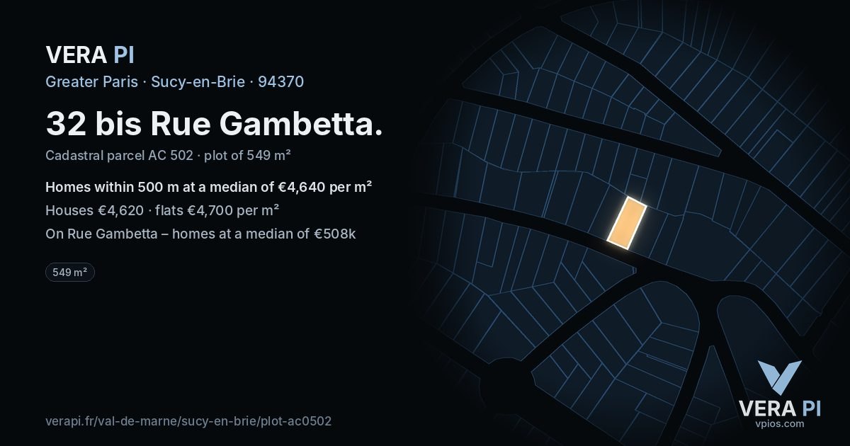 32 bis Rue Gambetta, Sucy-en-Brie at night – the plot lit, the parcels around coloured by the prices near them