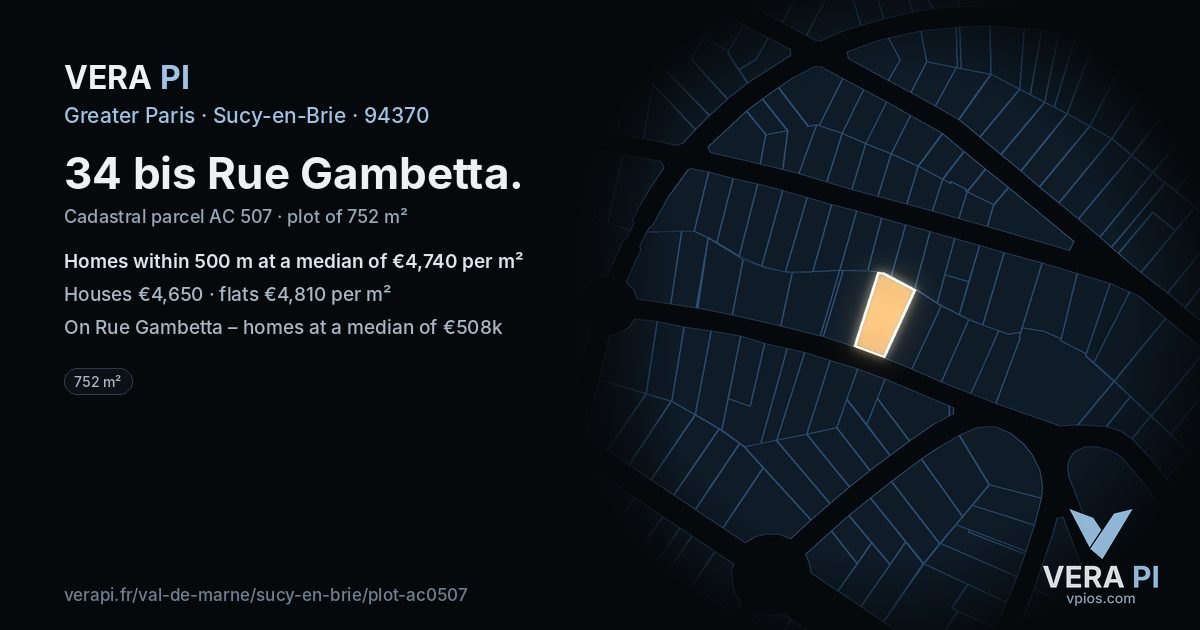 34 bis Rue Gambetta, Sucy-en-Brie at night – the plot lit, the parcels around coloured by the prices near them