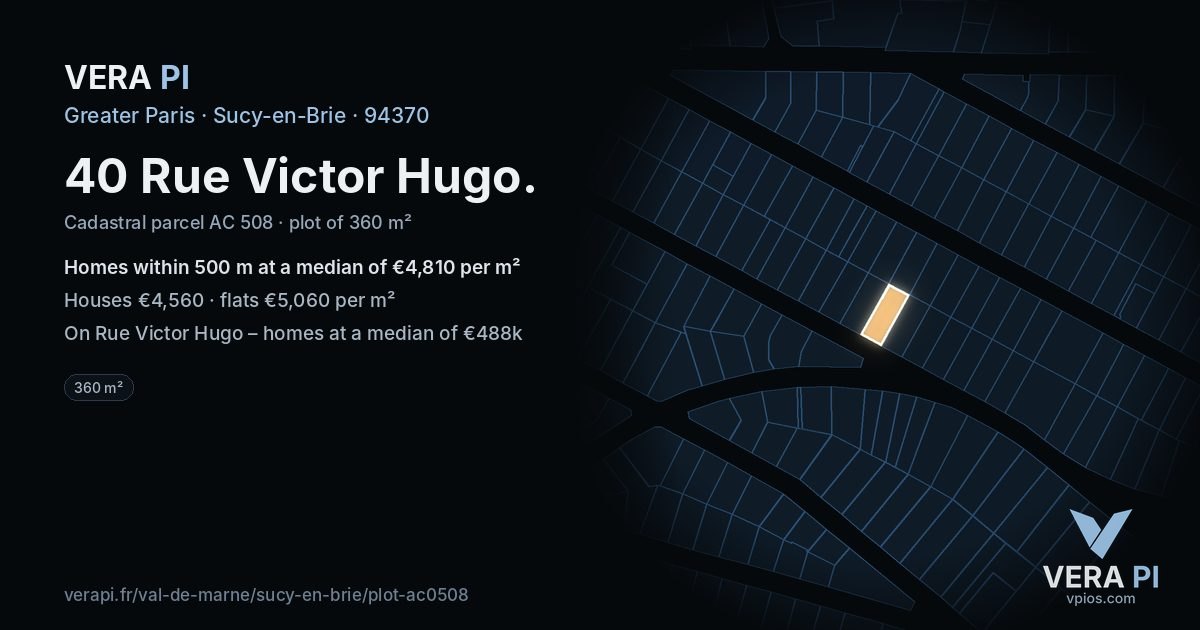 40 Rue Victor Hugo, Sucy-en-Brie at night – the plot lit, the parcels around coloured by the prices near them