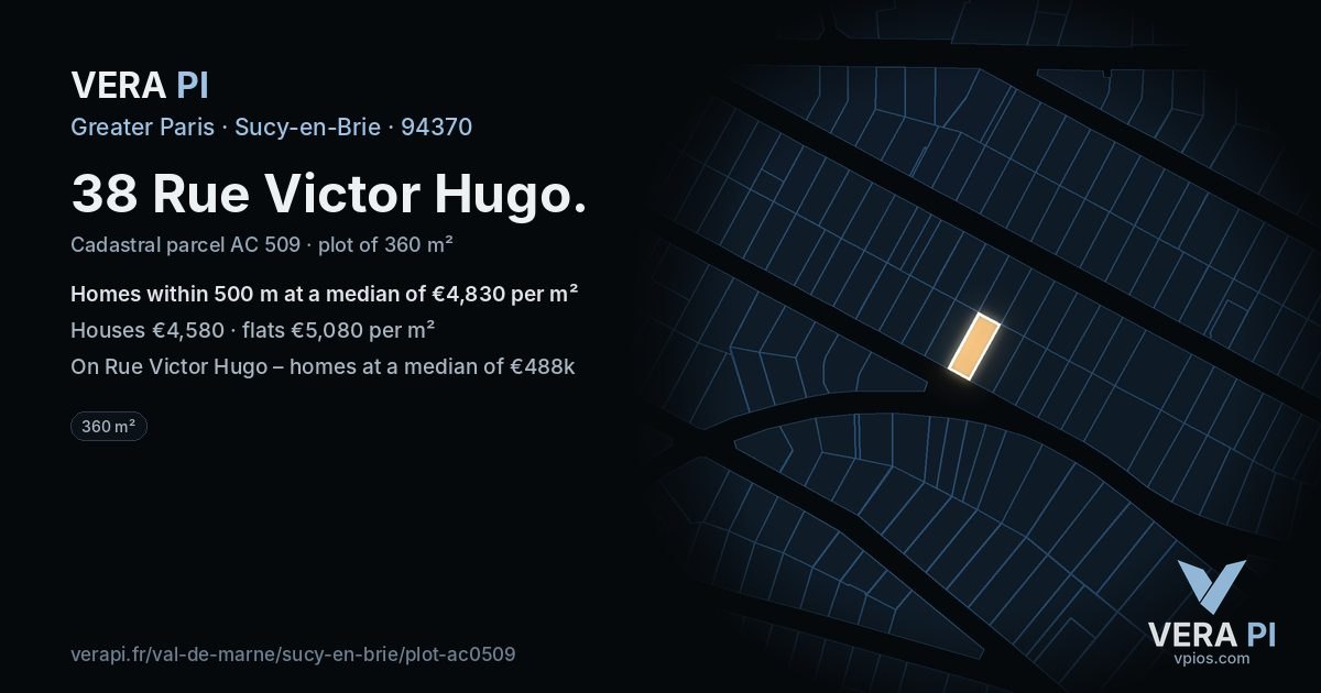 38 Rue Victor Hugo, Sucy-en-Brie at night – the plot lit, the parcels around coloured by the prices near them
