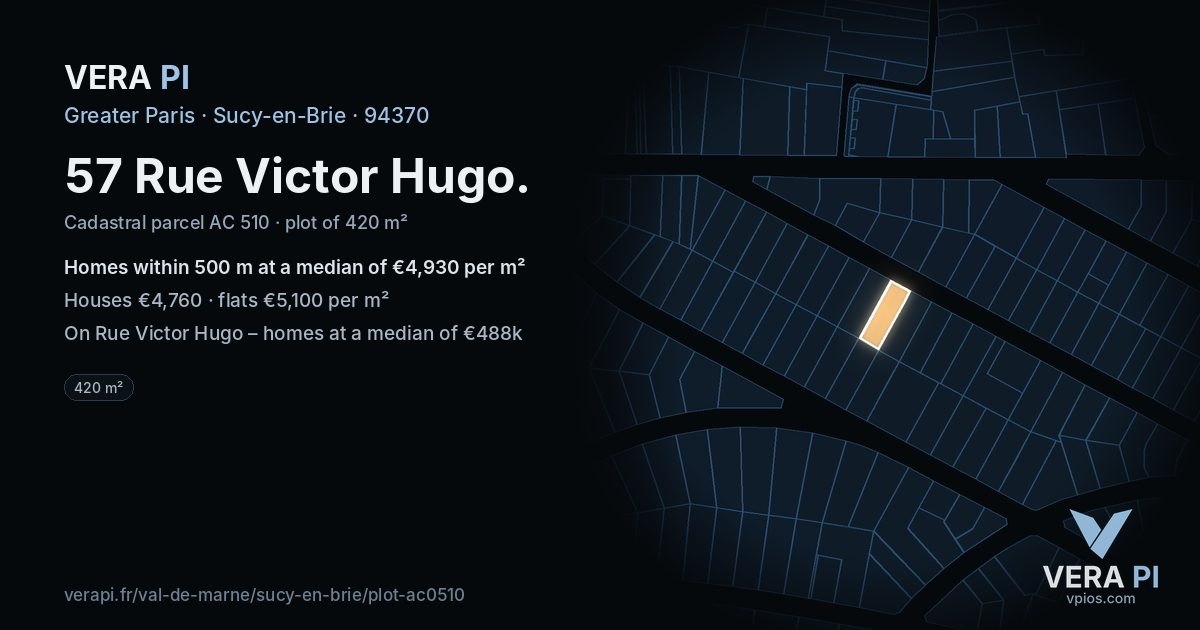 57 Rue Victor Hugo, Sucy-en-Brie at night – the plot lit, the parcels around coloured by the prices near them
