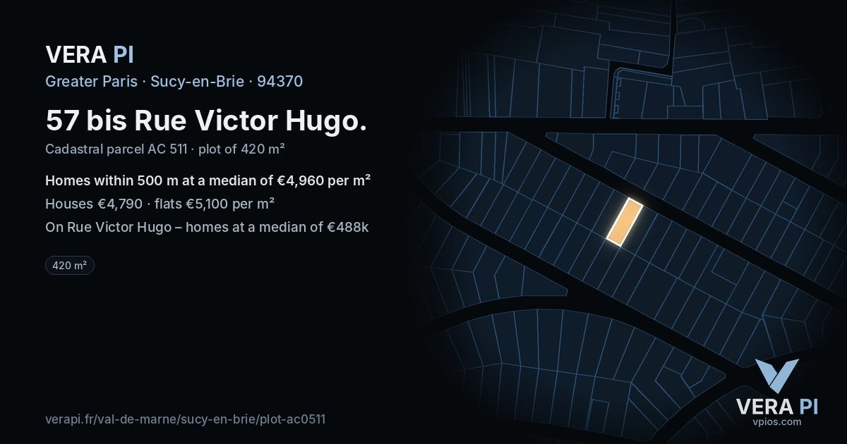 57 bis Rue Victor Hugo, Sucy-en-Brie at night – the plot lit, the parcels around coloured by the prices near them