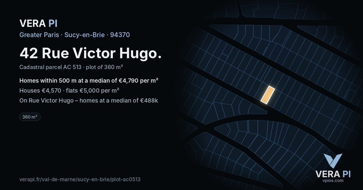 42 Rue Victor Hugo, Sucy-en-Brie at night – the plot lit, the parcels around coloured by the prices near them