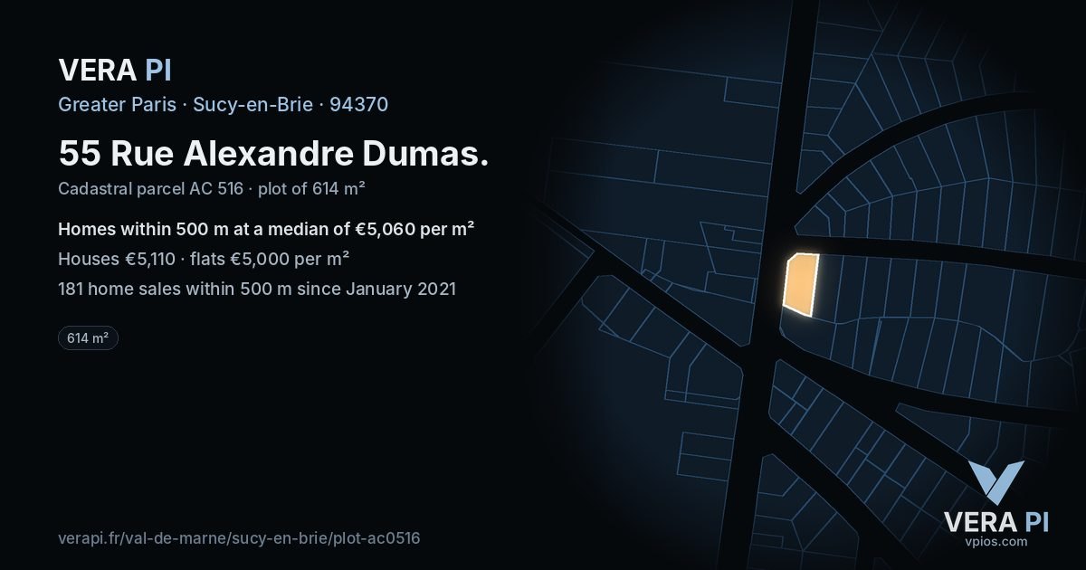 55 Rue Alexandre Dumas, Sucy-en-Brie at night – the plot lit, the parcels around coloured by the prices near them