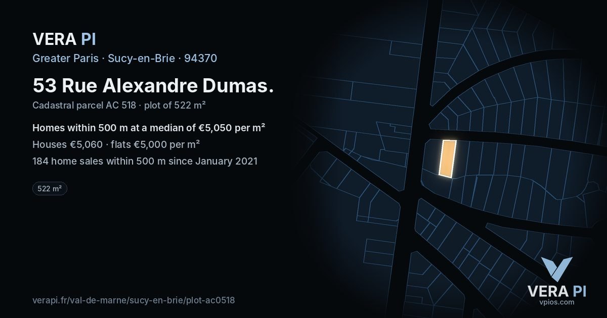 53 Rue Alexandre Dumas, Sucy-en-Brie at night – the plot lit, the parcels around coloured by the prices near them