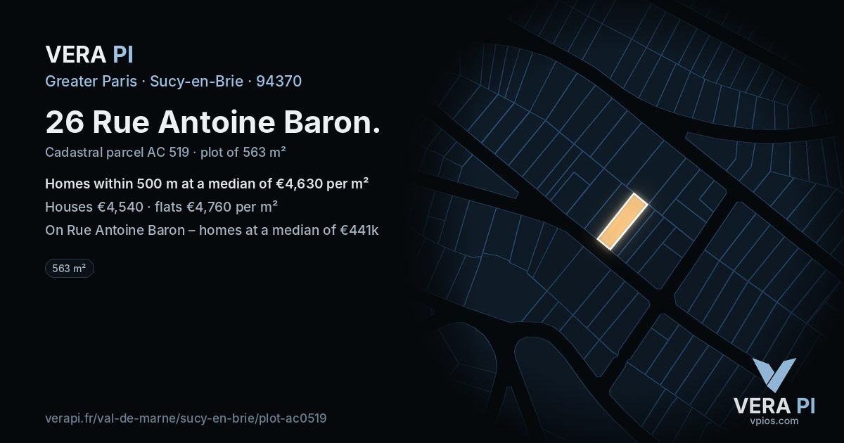 26 Rue Antoine Baron, Sucy-en-Brie at night – the plot lit, the parcels around coloured by the prices near them