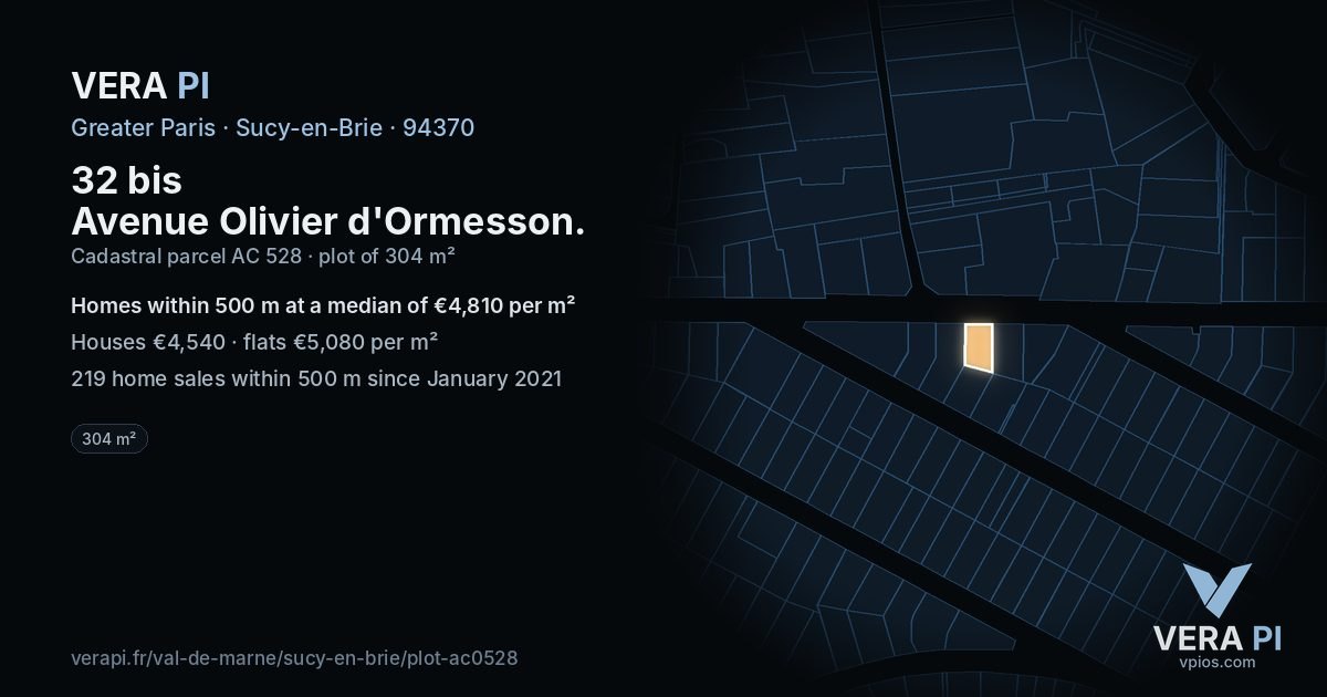 32 bis Avenue Olivier d'Ormesson, Sucy-en-Brie at night – the plot lit, the parcels around coloured by the prices near them