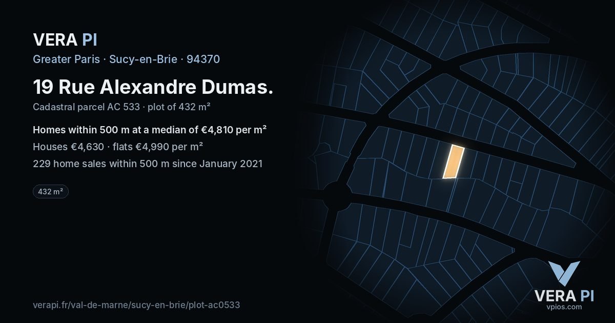 19 Rue Alexandre Dumas, Sucy-en-Brie at night – the plot lit, the parcels around coloured by the prices near them
